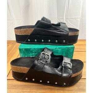 By Cocco Black Leather Platform SZ 10 Sandals Studded Buckle y2K Grunge Punk